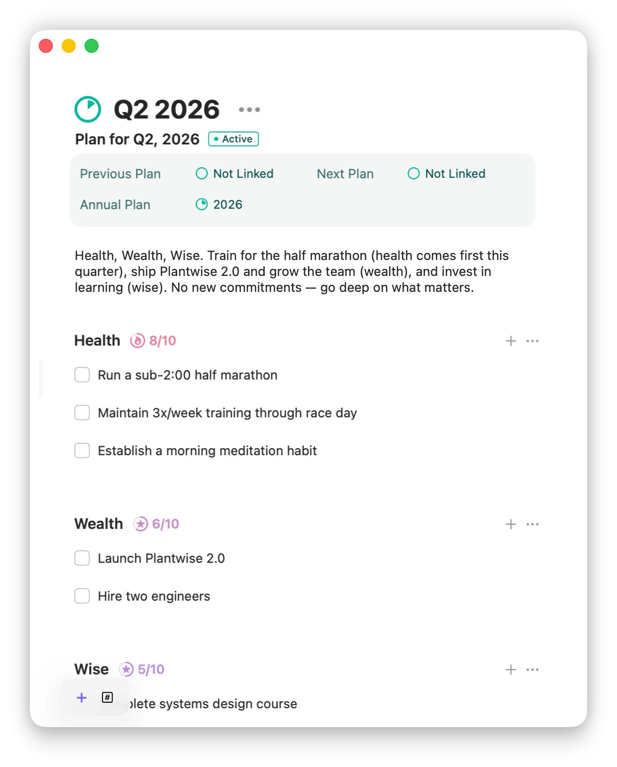 Quarterly plan in Space